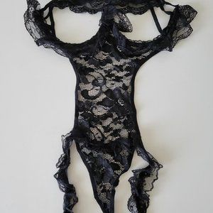 Black Sexy Lace Teddy, Open Cup, Underwire, Size Large